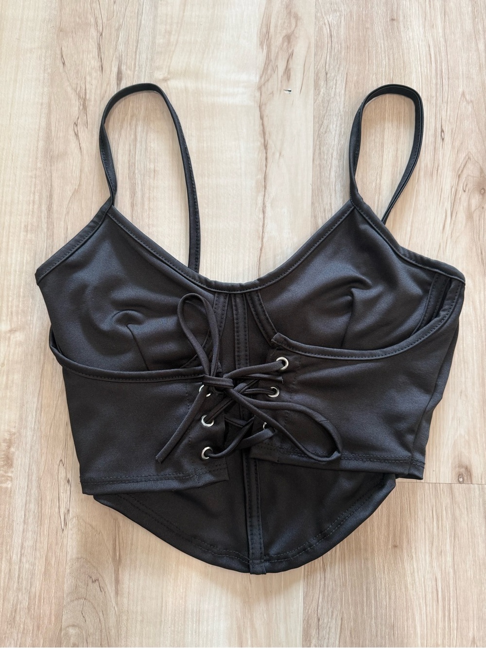 Fashion Nova Black Satin Bustier Crop Top with Lace-Up Front